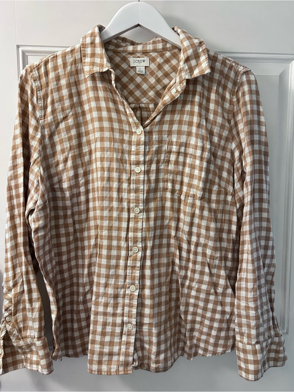 J. Crew Women's Tan and White Gingham Button-Down Shirt